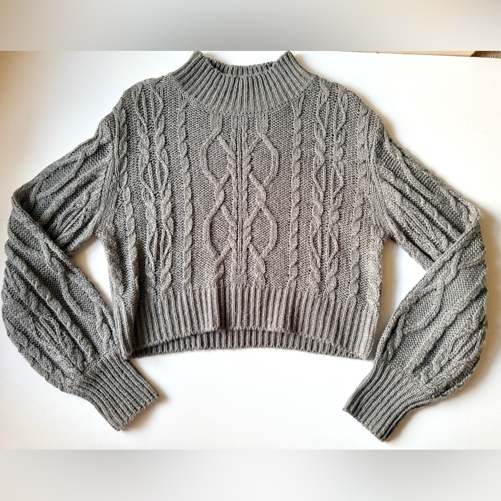 Vigoss Cable Knit Turtleneck Cropped Sweater Gray Medium Anthropologie